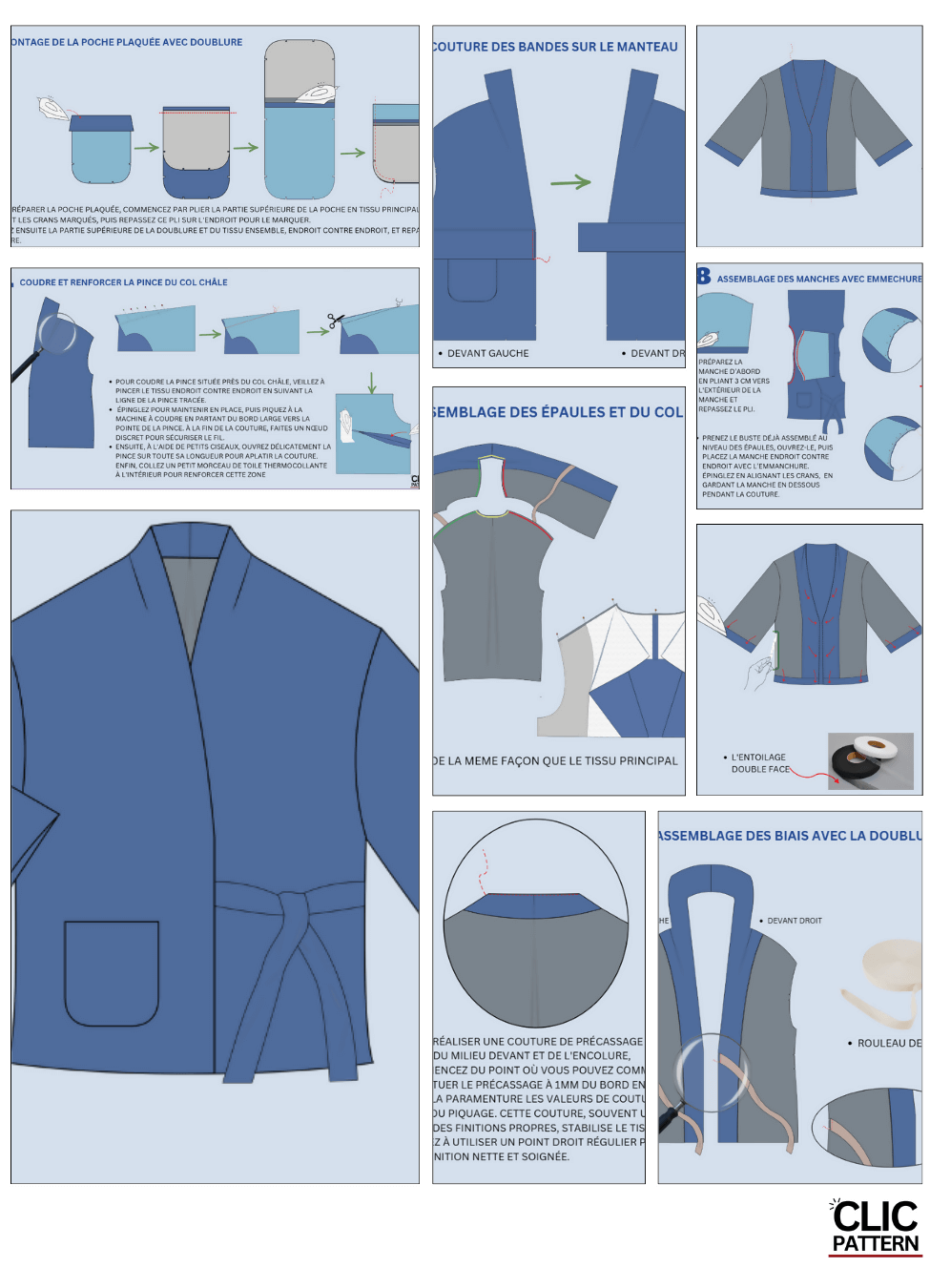 Illustration du patron de couture pdf à télécharger pour le MANTEAU MILDA- 15 taille de 30 à 58 EU, avec instructions détaillées.