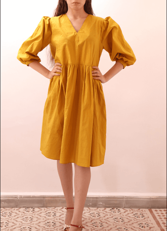 MIMA robe-taille de 30à 58 EU, élégante robe midi jaune avec manches bouffantes. Patron de couture PDF à télécharger inclus.