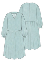Dessin technique de la MIMA robe-taille de 30à 58 EU, patron de couture pdf à télécharger, présentant une robe midi avec manches bouffantes.