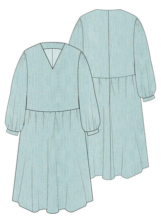 Dessin technique de la MIMA robe-taille de 30à 58 EU, patron de couture pdf à télécharger, présentant une robe midi avec manches bouffantes.