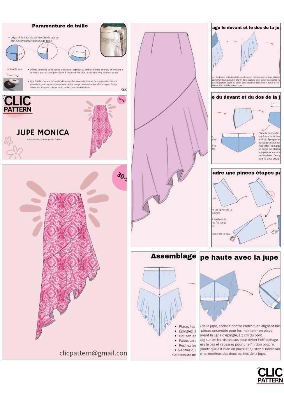 Patron de couture PDF à télécharger pour MONICA Jupe asymétrique-taille de 30 à 58 EU avec volant et ourlet irrégulier.