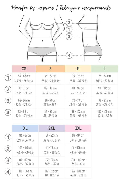 Guide des tailles pour Maillot 1 pièce Sangria avec mesures en cm et pouces, essentiel pour les patrons de couture pdf à télécharger.