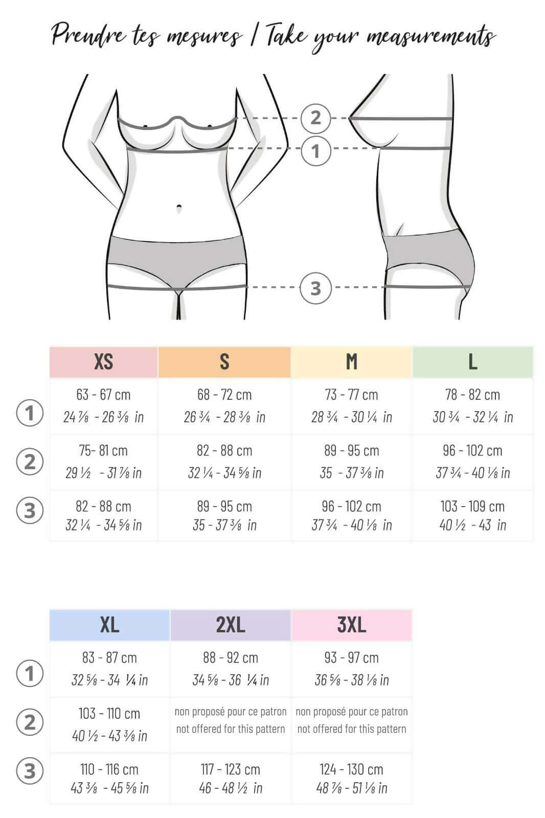 Guide des tailles pour patron de couture Maillot 2 pièces Cuba Libre, avec instructions et mesures en cm et pouces.