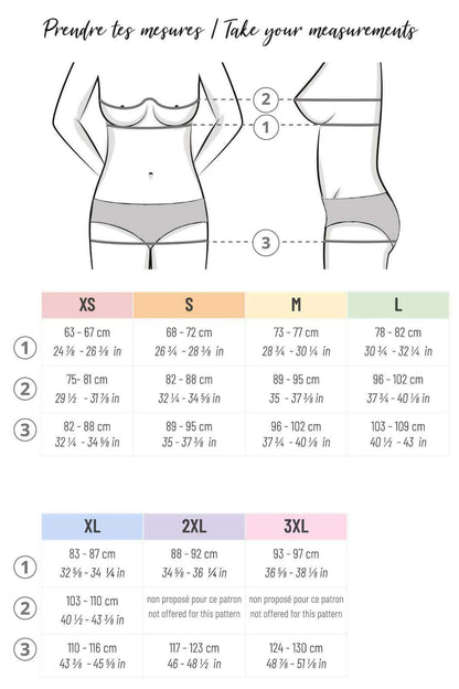 Guide des tailles pour patron de couture Maillot 2 pièces Cuba Libre, avec instructions et mesures en cm et pouces.