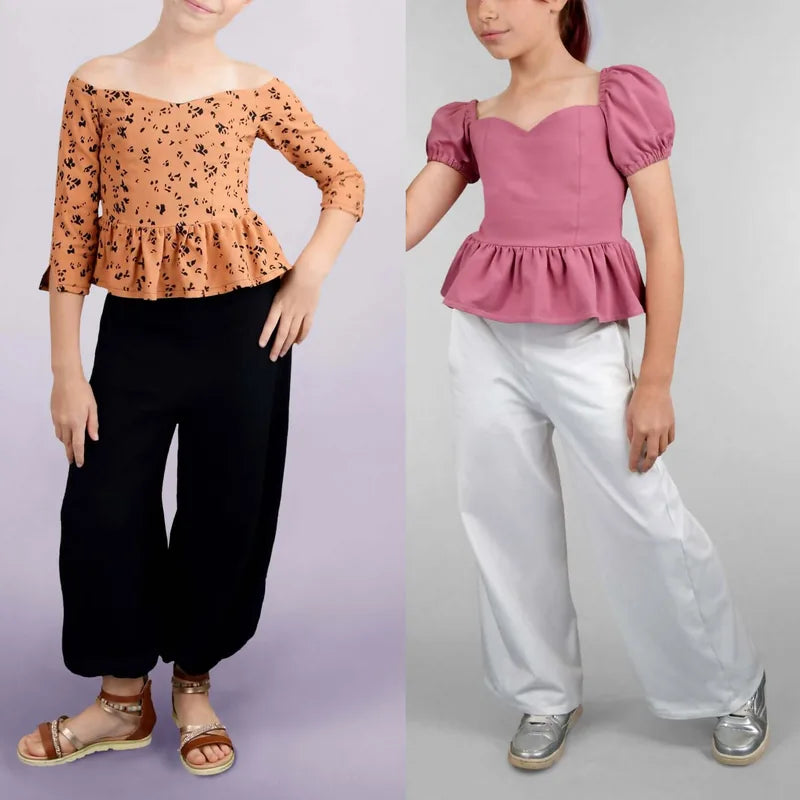 Méga Pack Yasmine – Top + Pantalon – Femmes & Enfants, patron de couture pdf à télécharger, tenues coordonnées, confort et style.
