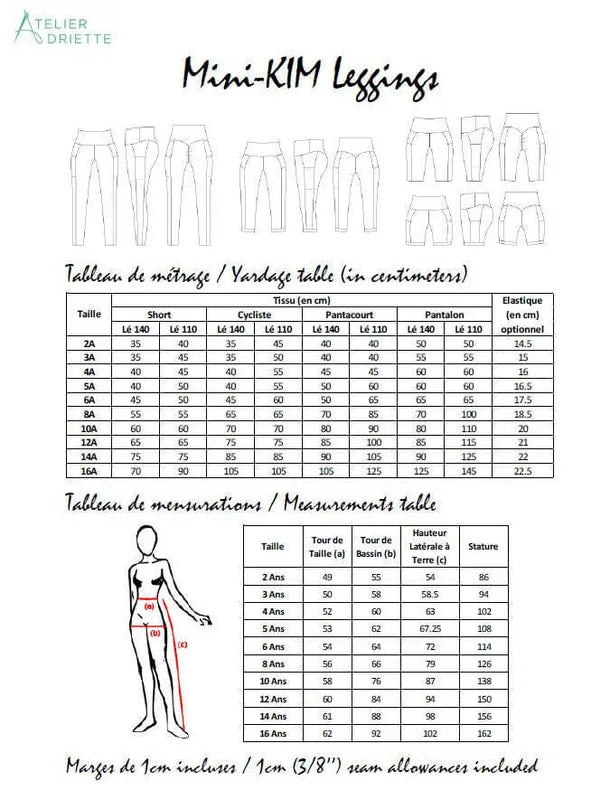 Tableau des tailles et mesures pour Mini-KIM - Legging pour filles du 2 au 16 Ans, patron de couture pdf à télécharger.
