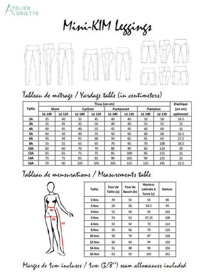 Tableau des tailles et mesures pour Mini-KIM - Legging pour filles du 2 au 16 Ans, patron de couture pdf à télécharger.