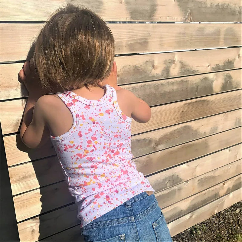 Mini-ROXANA - Débardeur pour filles du 2 au 16 Ans, patron de couture pdf à télécharger, débardeur dos nageur rose et blanc à motifs