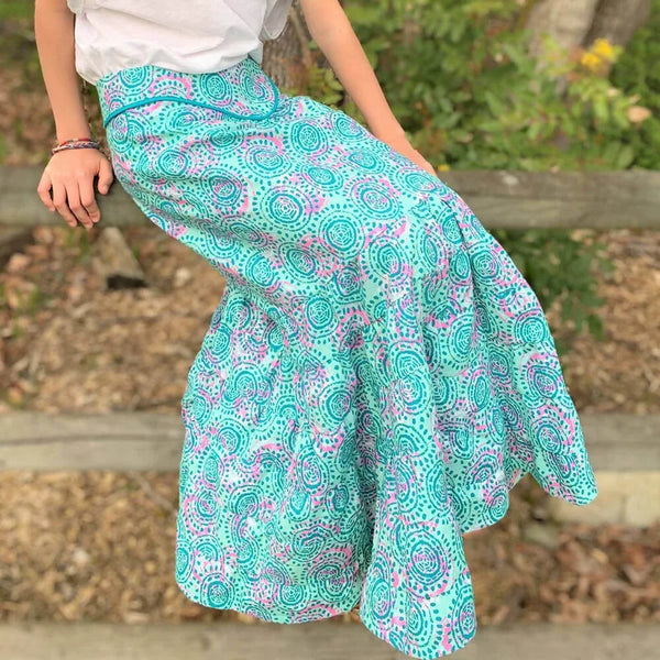 Mini-SANTANA - Jupe longue à volants pour filles du 2 au 16 Ans, patron de couture pdf à télécharger, motif imprimé bohème.