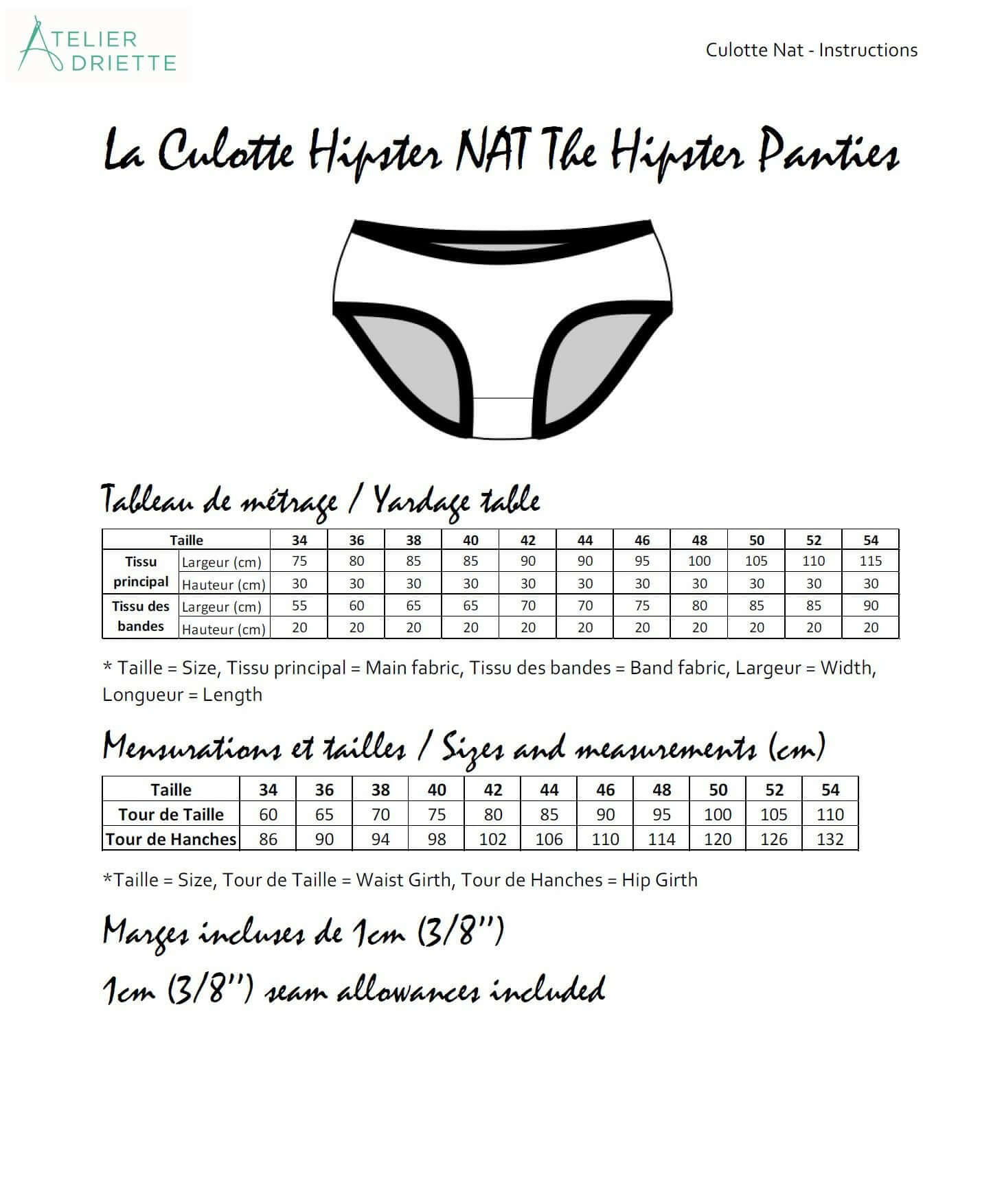 Guide des tailles pour NAT - Culotte Hipster pour femmes du 34 au 54, patron de couture pdf à télécharger, instructions et mensurations.