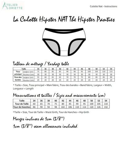 Guide des tailles pour NAT - Culotte Hipster pour femmes du 34 au 54, patron de couture pdf à télécharger, instructions et mensurations.