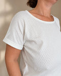 Patron PDF NOVA Pyjama femme du 34 au 60, haut manches courtes en broderie anglaise blanc, vue de détail
