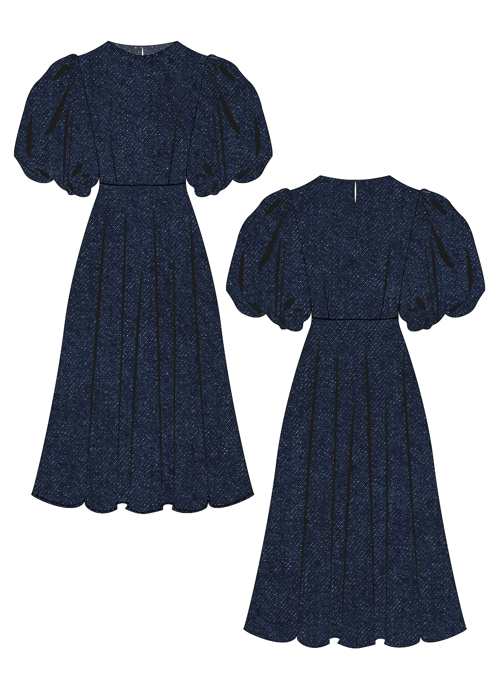 OLGA robe-taille de 30 à 58 EU patron de couture pdf à télécharger, élégante robe bleu avec manches bouffantes.