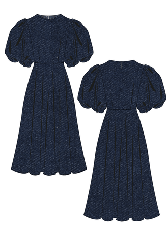 OLGA robe-taille de 30 à 58 EU patron de couture pdf à télécharger, élégante robe bleu avec manches bouffantes.
