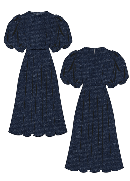 OLGA robe-taille de 30 à 58 EU patron de couture pdf à télécharger, élégante robe bleu avec manches bouffantes.