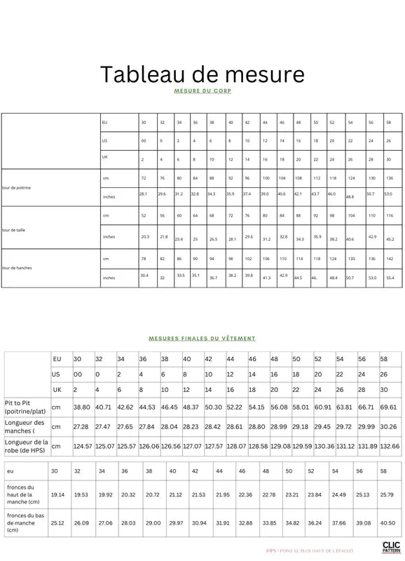 Tableau de mesure pour OLGA robe-taille de 30 à 58 EU, comprenant des informations sur le patron de couture pdf à télécharger.