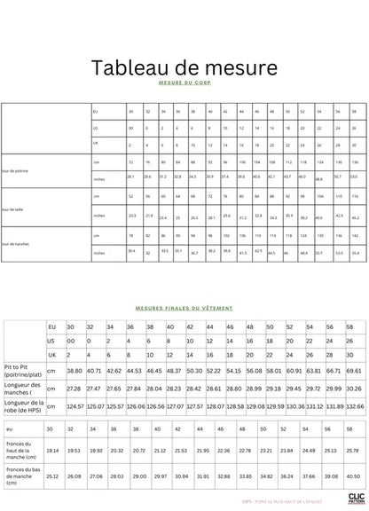 Tableau de mesure pour OLGA robe-taille de 30 à 58 EU, comprenant des informations sur le patron de couture pdf à télécharger.