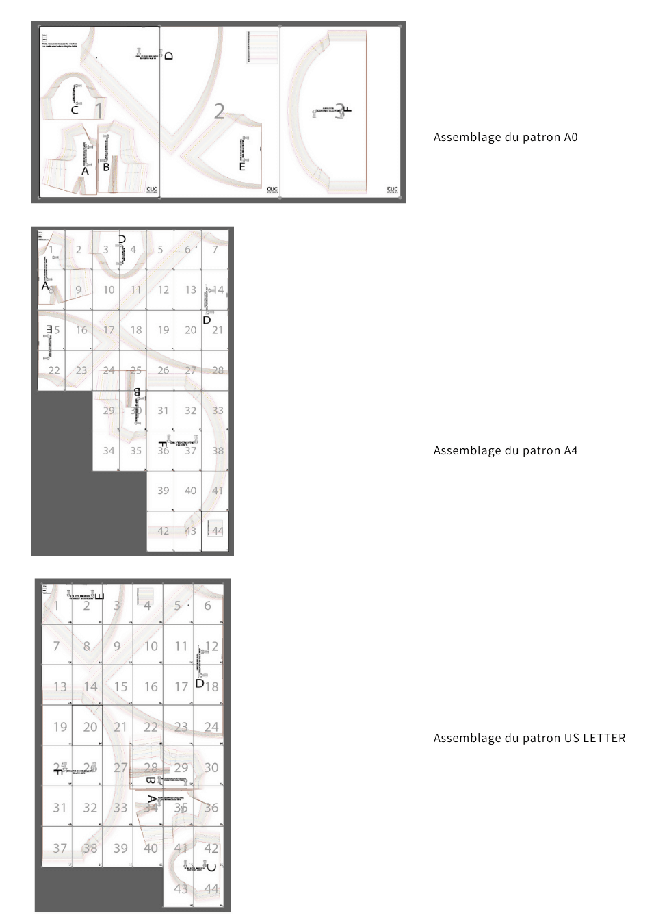 Diagramme de l'assemblage du patron de couture PDF à télécharger pour OLGA robe-taille de 30 à 58 EU, formats A0, A4 et US LETTER.