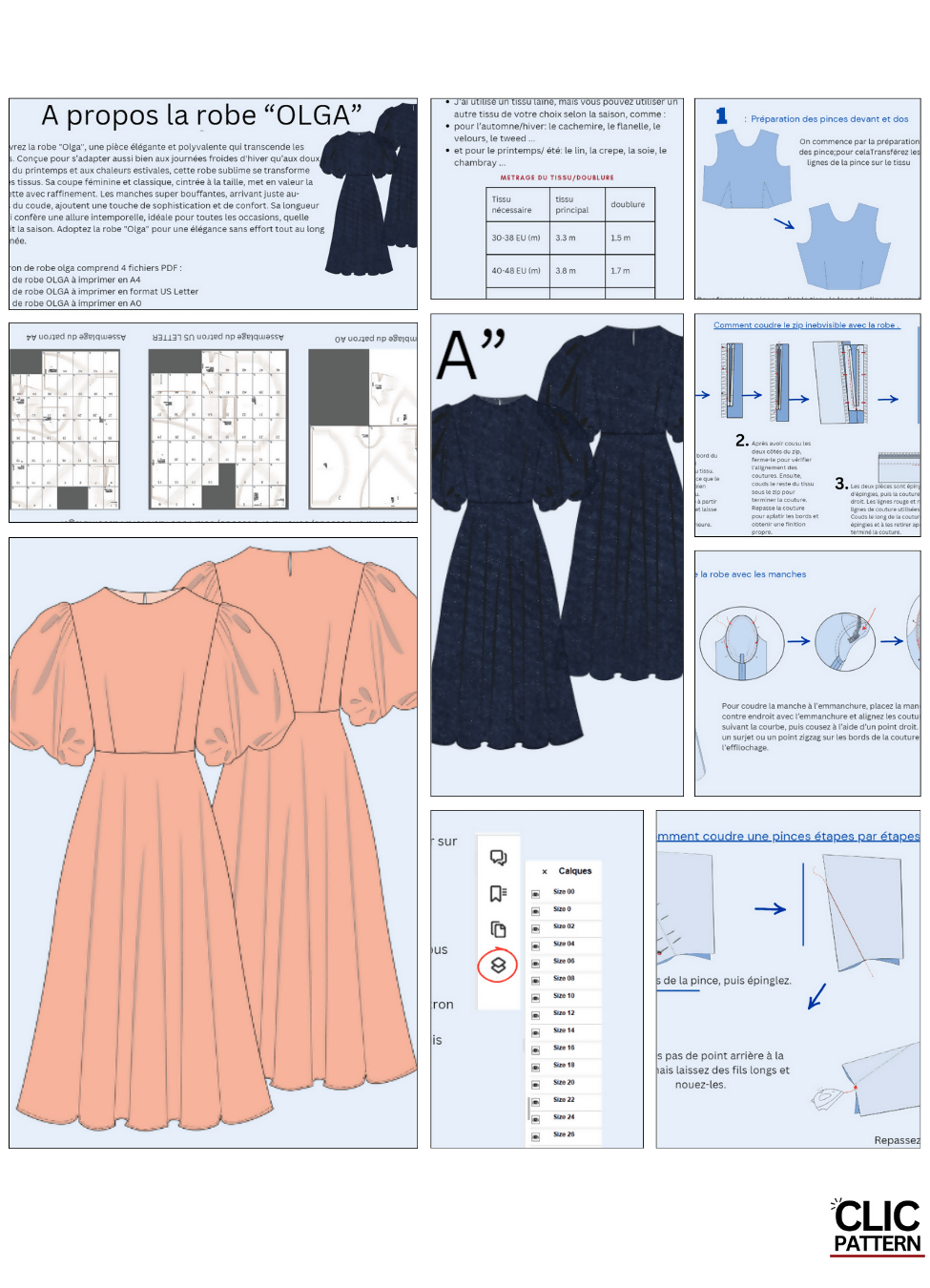 Patron de couture PDF à télécharger pour OLGA robe-taille de 30 à 58 EU, élégante et féminine, idéale pour toutes saisons.
