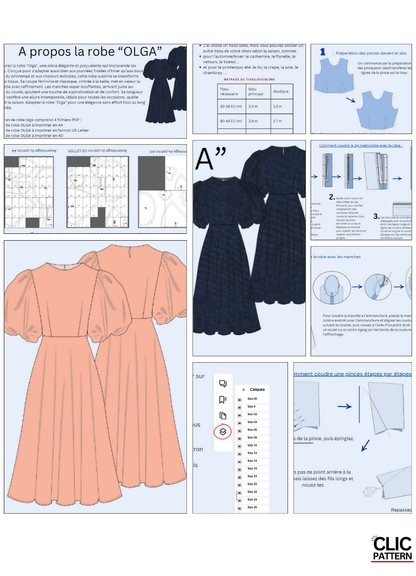 Patron de couture PDF à télécharger pour OLGA robe-taille de 30 à 58 EU, élégante et féminine, idéale pour toutes saisons.
