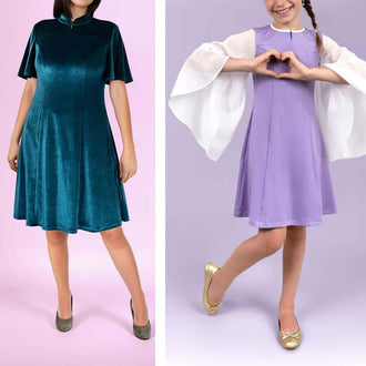 Pack Duo GABY - Patron Robe & Blouse Femme + Enfant en velours et manches évasées. Patron de couture PDF à télécharger.