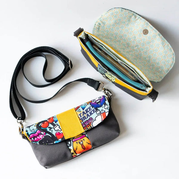 Pack de 3 pochettes et portefeuille – Safran avec pochette-portefeuille colorée et bandoulière, patron de couture pdf à télécharger.