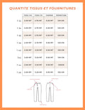 Tableau des tailles et tissu pour le Pantalon Alta, patron de couture pdf à télécharger, montrant les quantités de tissu et accessoires.