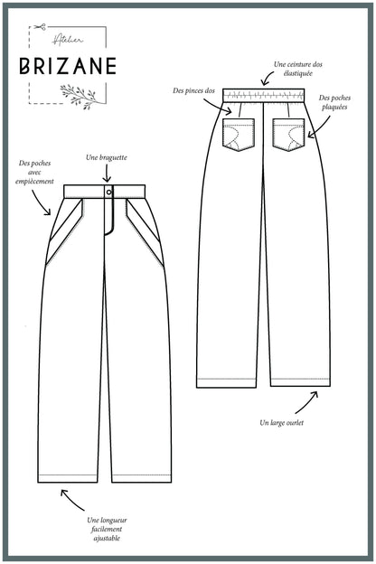 Schéma technique du pantalon Brizane : poches, ceinture élastiquée et longueur ajustable.