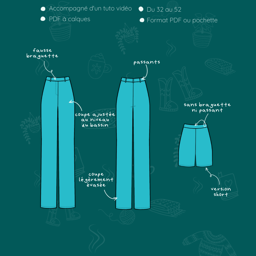 Illustration du Pantalon - Short Aïs | Taille 32 à 52 avec détails du patron de couture pdf à télécharger, format PDF ou pochette