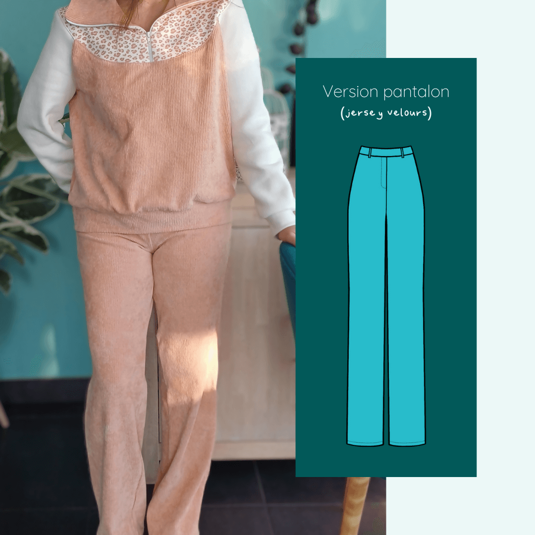 Pantalon - Short Aïs | Taille 32 à 52, patron de couture pdf à télécharger, version en jersey velours, coupe ajustée et confortable.