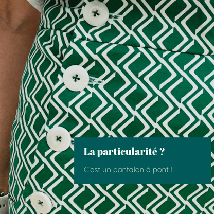 Pantalon - Short - Jupe Fauvette | Taille 32 à 52, patron de couture pdf à télécharger, détail du pantalon à pont avec boutons.