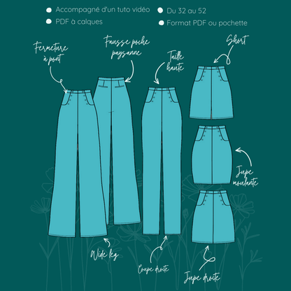 Illustration du patron de couture Pantalon - Short - Jupe Fauvette | Taille 32 à 52, disponible en PDF à télécharger, avec variations.
