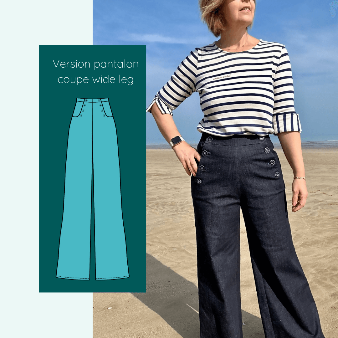 Modèle Pantalon - Short - Jupe Fauvette | Taille 32 à 52, patron de couture pdf à télécharger, version pantalon coupe wide leg.