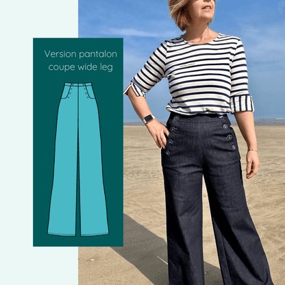 Modèle Pantalon - Short - Jupe Fauvette | Taille 32 à 52, patron de couture pdf à télécharger, version pantalon coupe wide leg.