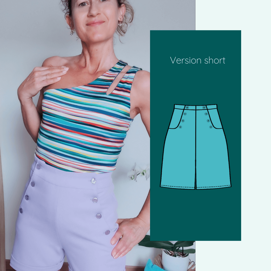 Femme portant le short Fauvette - Pantalon - Short - Jupe Fauvette | Taille 32 à 52, patron de couture pdf à télécharger.