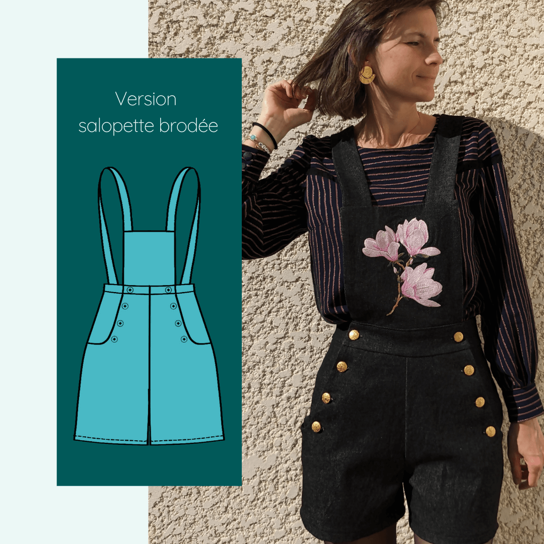 Pantalon - Short - Jupe Fauvette | Taille 32 à 52 - patron de couture pdf à télécharger, salopette brodée élégante en jean noir.