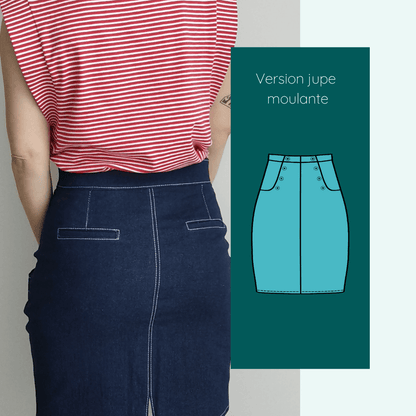 Pantalon - Short - Jupe Fauvette | Taille 32 à 52, patron de couture pdf à télécharger, version jupe moulante vue arrière.