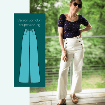 Modèle portant un Pantalon - Short - Jupe Fauvette | Taille 32 à 52, patron de couture pdf à télécharger, style wide leg.
