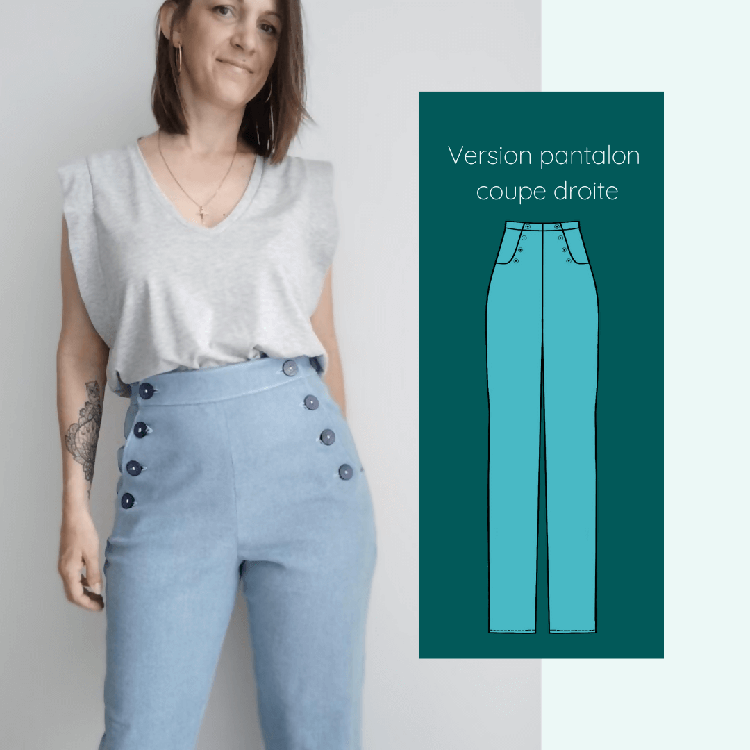 Pantalon - Short - Jupe Fauvette | Taille 32 à 52, patron de couture pdf à télécharger, jupe taille haute avec boutons décoratifs.