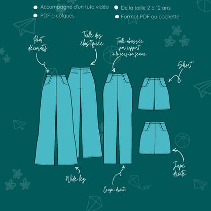 Illustration du Pantalon - Short - Jupe Fauvette kids | Taille 2 à 12 ans avec des options de couture en PDF à télécharger.