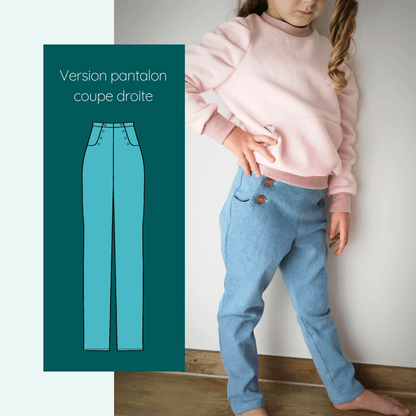 Pantalon - Short - Jupe Fauvette kids | Taille 2 à 12 ans, patron de couture pdf à télécharger, enfant portant pantalon droit bleu.