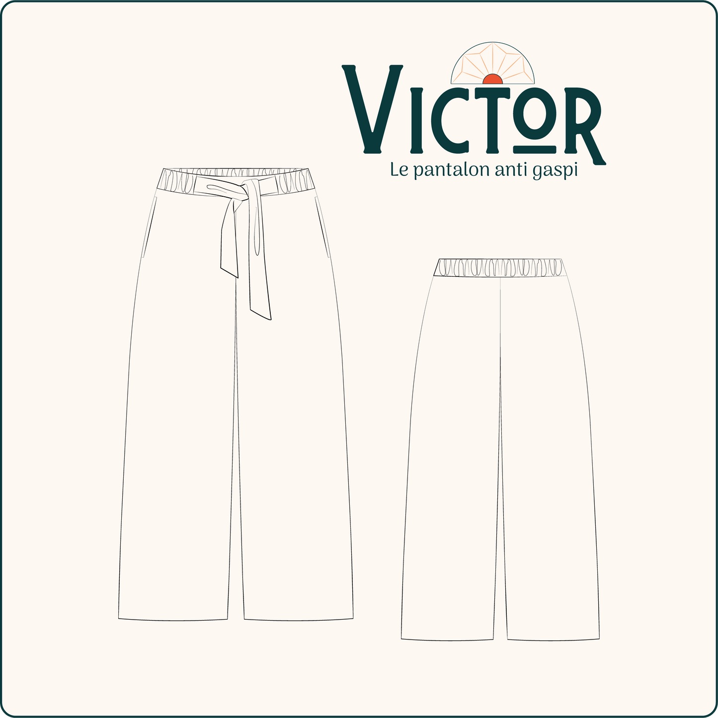 Illustration du Pantalon Victor, un patron de couture pdf à télécharger avec poches latérales et ceinture intégrée.