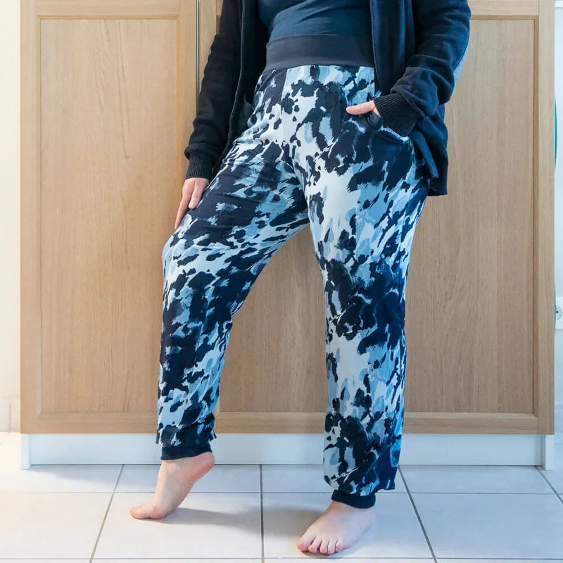 Pantalon pyjama sportwear, 34 au 56, 4 statures – Camomille, patron de couture pdf à télécharger, confortable, taille haute.