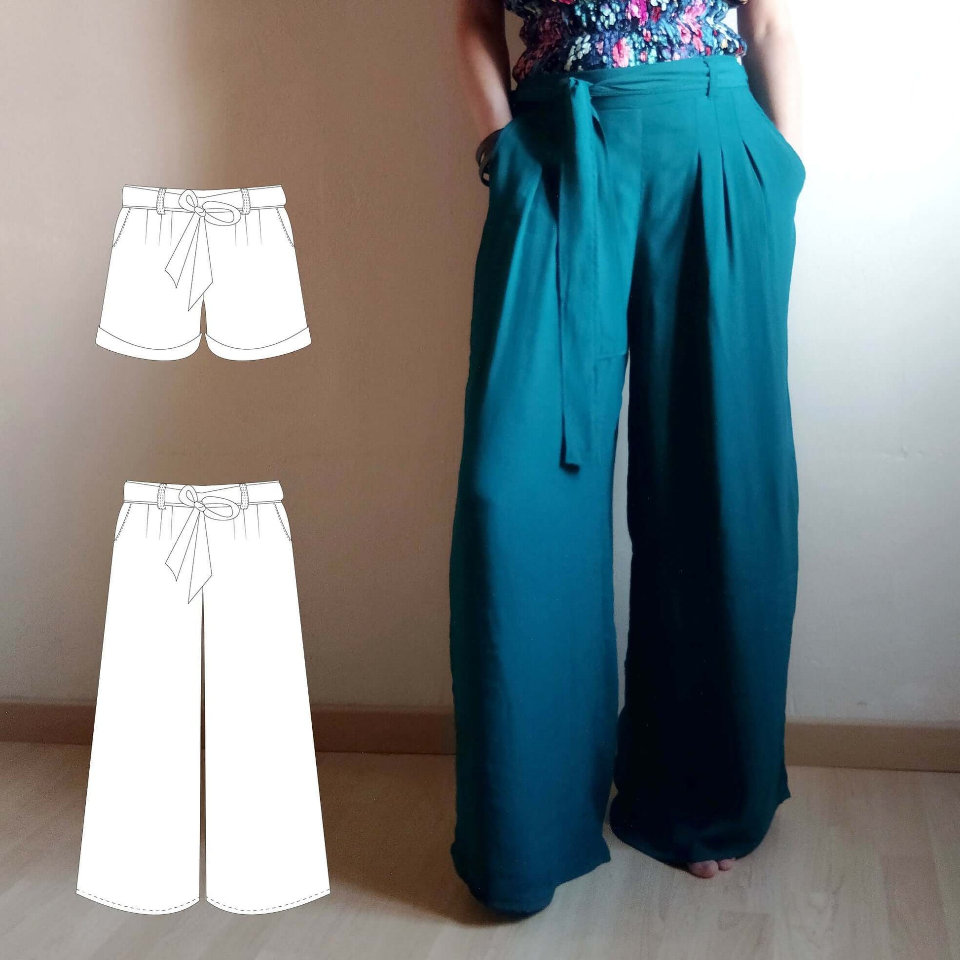 Pantalon/Short "Zya"- patron PDF du 32 au 60, modèle palazzo avec pli et poches italiennes, patron de couture pdf à télécharger.
