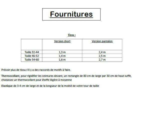 Guide des fournitures pour Pantalon/Short "Zya"- patron PDF du 32 au 60 avec mesures de tissu pour versions short et pantalon.