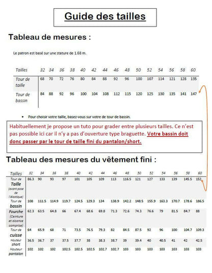 Guide des tailles pour Pantalon/Short "Zya"- patron PDF du 32 au 60, tableau de mesures et instructions de couture.