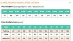 Tableau des tailles Pina Colada Klafoutis pour filles et femmes, correspondances taille et stature en cm