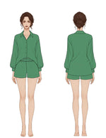 Patron PDF Chemisier MIA du 30 au 58, vue arrière, chemise verte à manches longues et short assorti