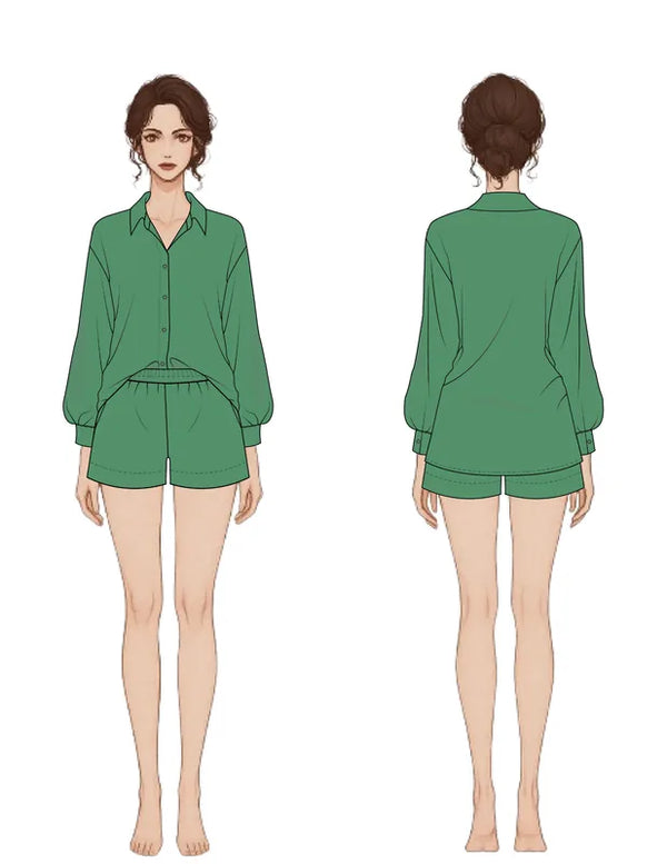 Patron PDF Chemisier MIA du 30 au 58, vue arrière, chemise verte à manches longues et short assorti