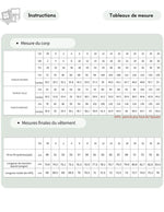 Patron PDF Chemisier MIA du 30 au 58, tableau de mesure du tour de poitrine, taille et hanches